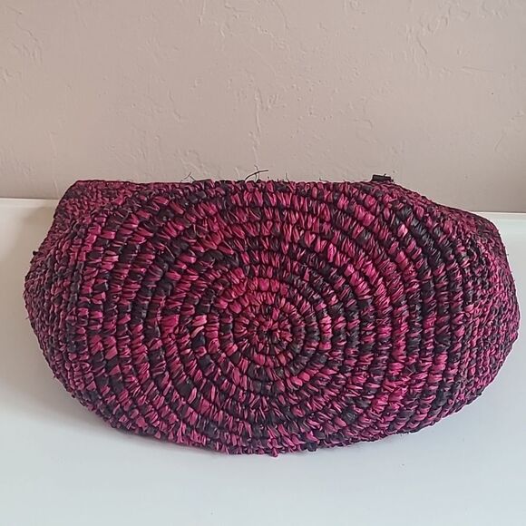 Pink and Black Woven Tote Bag Leather Handles Zip Closure - Picture 10 of 13